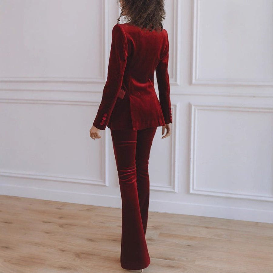 Velvet Blazer Set with Notch Lapels and Flared Pants