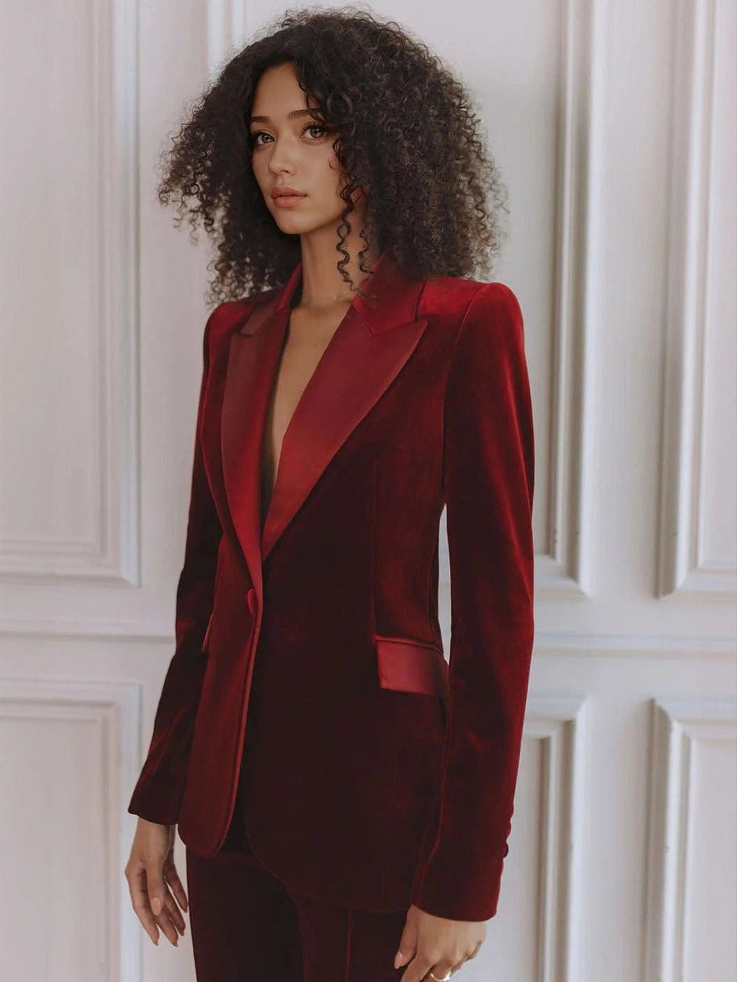 Velvet Blazer Set with Notch Lapels and Flared Pants