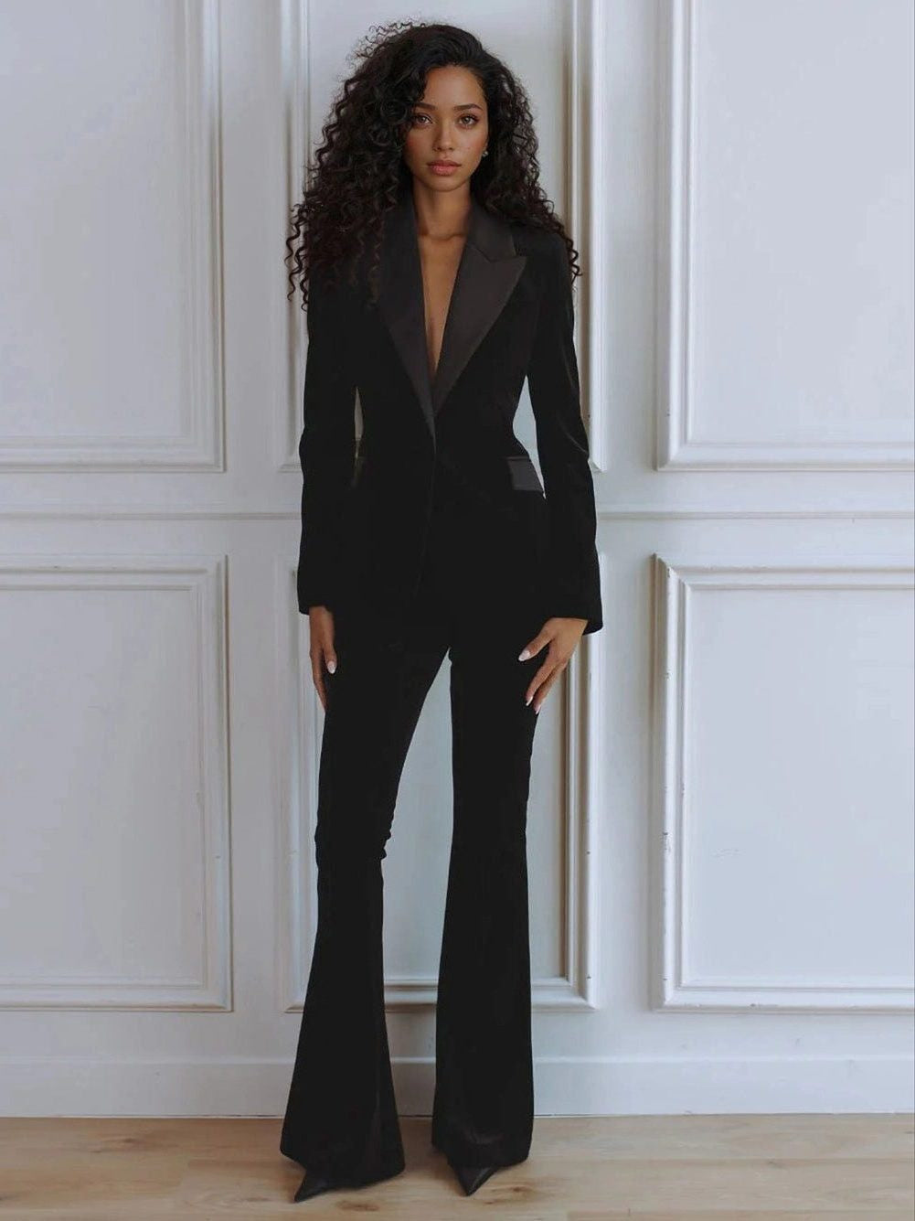 Velvet Blazer Set with Notch Lapels and Flared Pants - Black