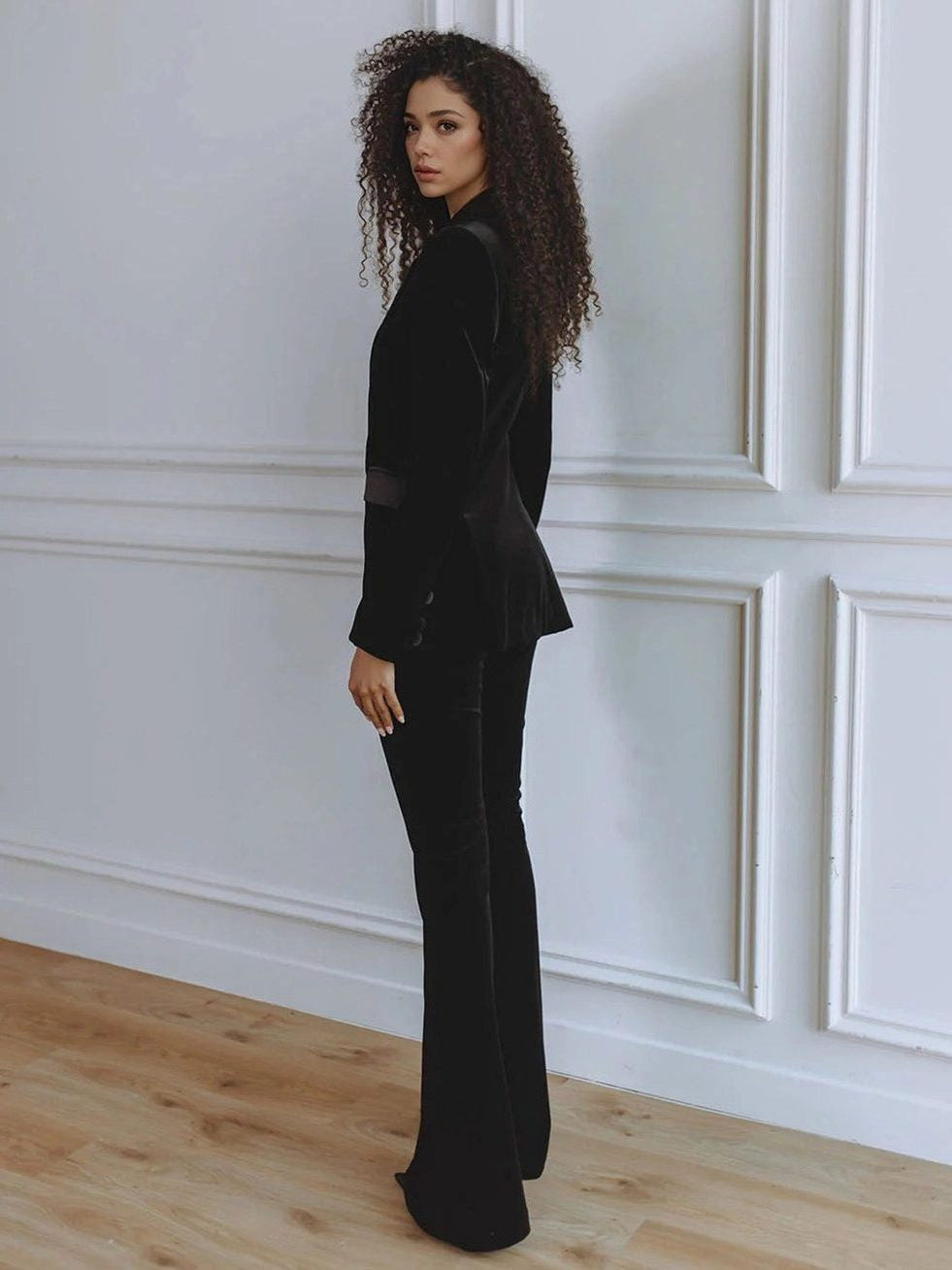 Velvet Blazer Set with Notch Lapels and Flared Pants