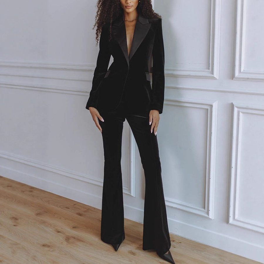 Velvet Blazer Set with Notch Lapels and Flared Pants
