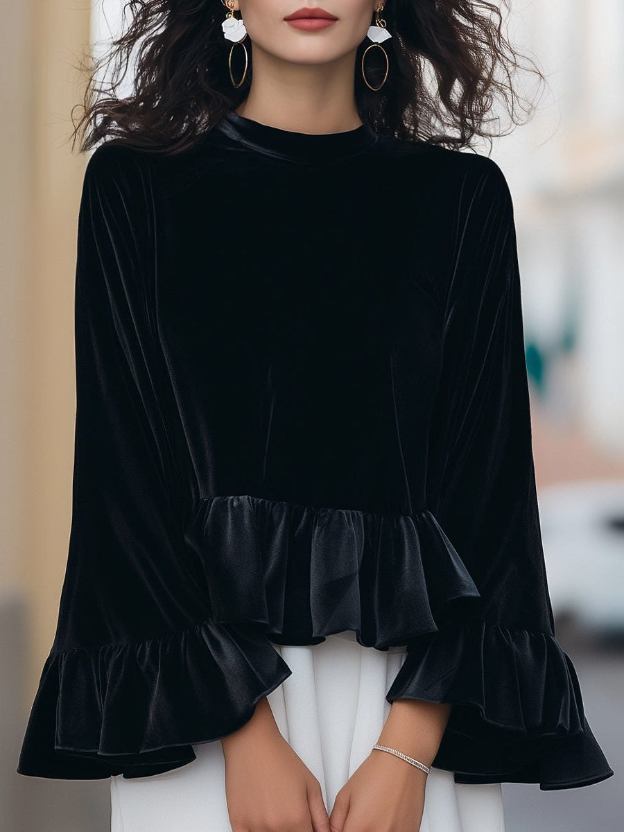 Velvet Blouse with Ruffle Trim and Long Sleeves - Black