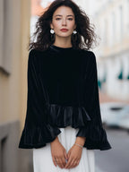 Velvet Blouse with Ruffle Trim and Long Sleeves