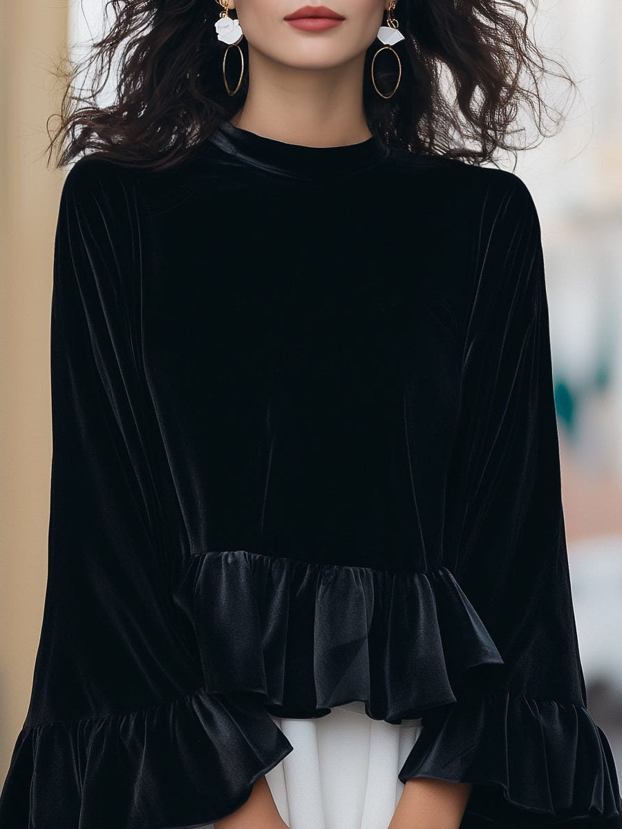 Velvet Blouse with Ruffle Trim and Long Sleeves