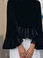 Velvet Blouse with Ruffle Trim and Long Sleeves