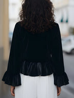 Velvet Blouse with Ruffle Trim and Long Sleeves