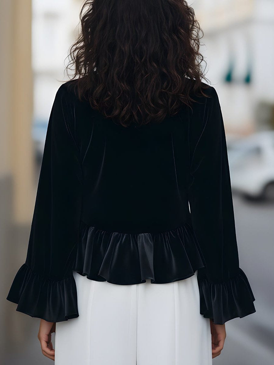 Velvet Blouse with Ruffle Trim and Long Sleeves