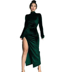 Velvet Maxi Dress with High Neck, Long Sleeves and Leg Split