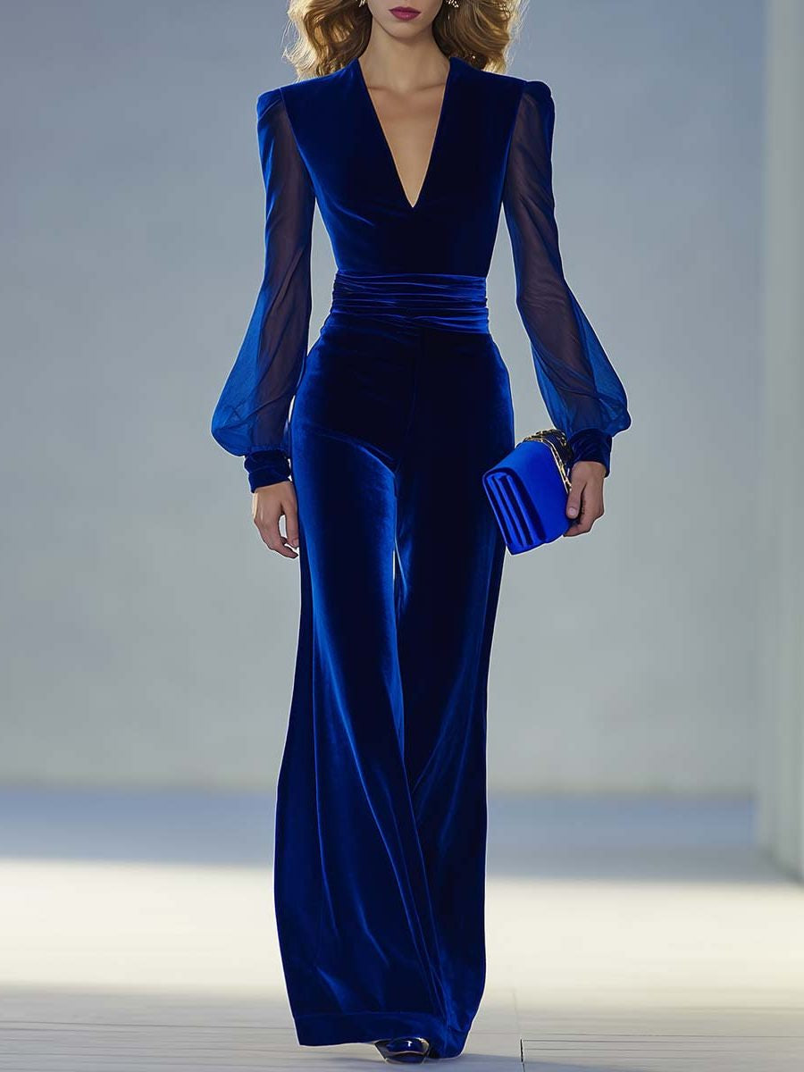 Velvet Maxi Jumpsuit with V-Neck and Sheer Long Sleeves - Royal Blue