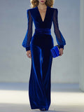 Velvet Maxi Jumpsuit with V-Neck and Sheer Long Sleeves - Royal Blue