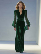 Velvet Maxi Jumpsuit with V-Neck and Sheer Long Sleeves
