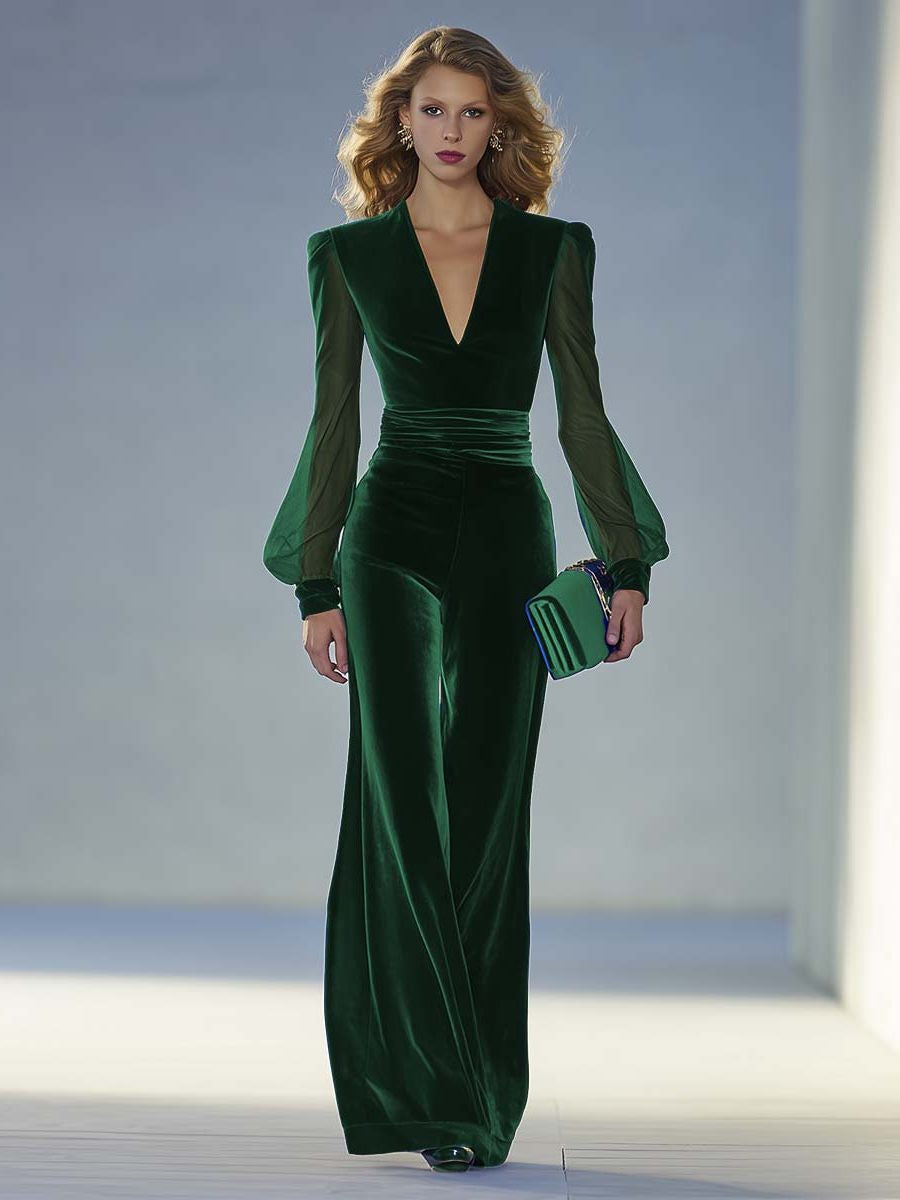 Velvet Maxi Jumpsuit with V-Neck and Sheer Long Sleeves