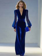 Velvet Maxi Jumpsuit with V-Neck and Sheer Long Sleeves