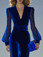 Velvet Maxi Jumpsuit with V-Neck and Sheer Long Sleeves