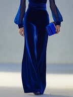 Velvet Maxi Jumpsuit with V-Neck and Sheer Long Sleeves