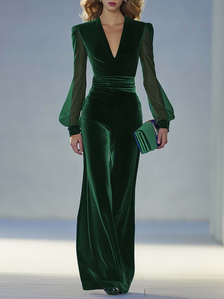 Velvet Maxi Jumpsuit with V-Neck and Sheer Long Sleeves - Dark Green