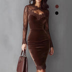 Velvet Midi Dress with Lace Insert Sleeves and Keyhole Neck