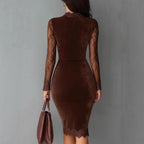 Velvet Midi Dress with Lace Insert Sleeves and Keyhole Neck