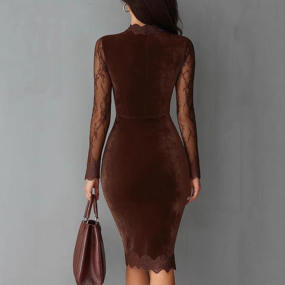 Velvet Midi Dress with Lace Insert Sleeves and Keyhole Neck