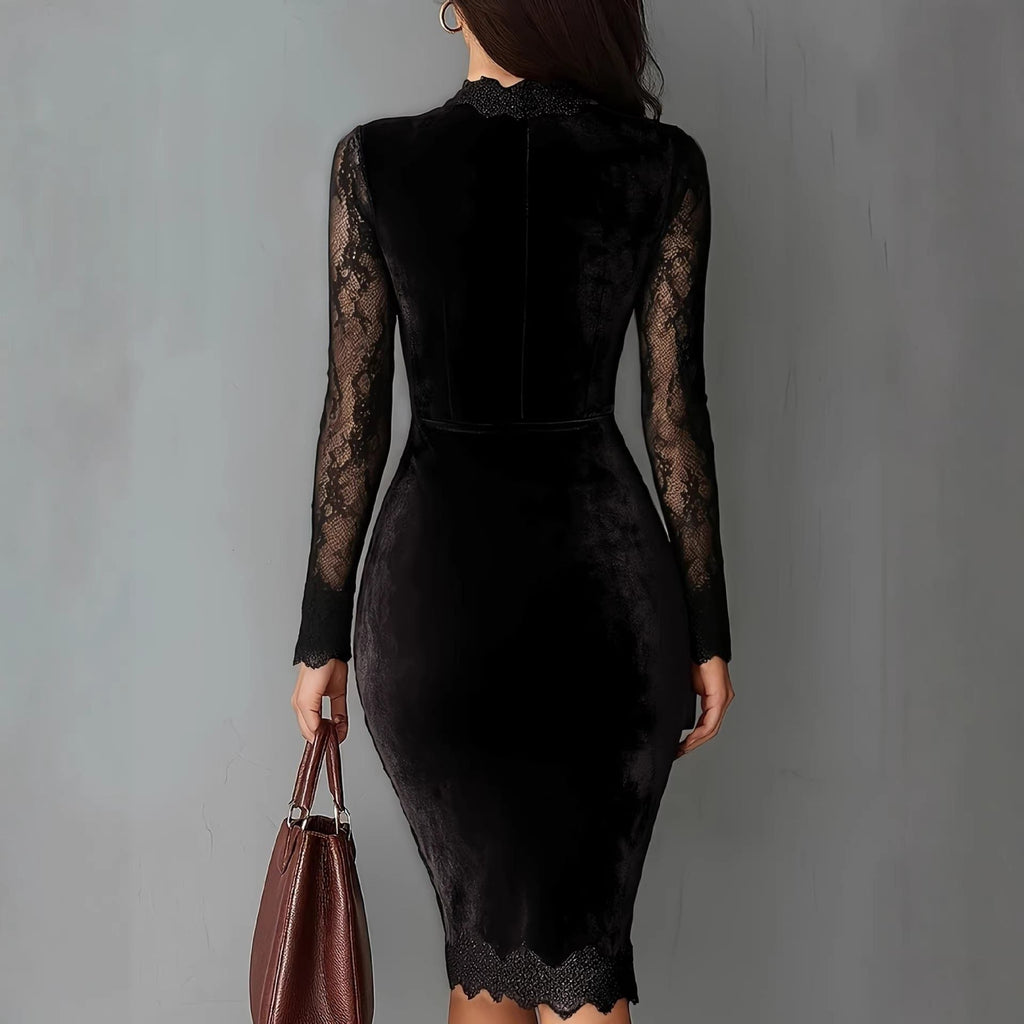 Velvet Midi Dress with Lace Insert Sleeves and Keyhole Neck