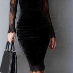 Velvet Midi Dress with Lace Insert Sleeves and Keyhole Neck