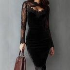 Velvet Midi Dress with Lace Insert Sleeves and Keyhole Neck