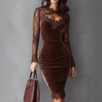 Velvet Midi Dress with Lace Insert Sleeves and Keyhole Neck - Brown