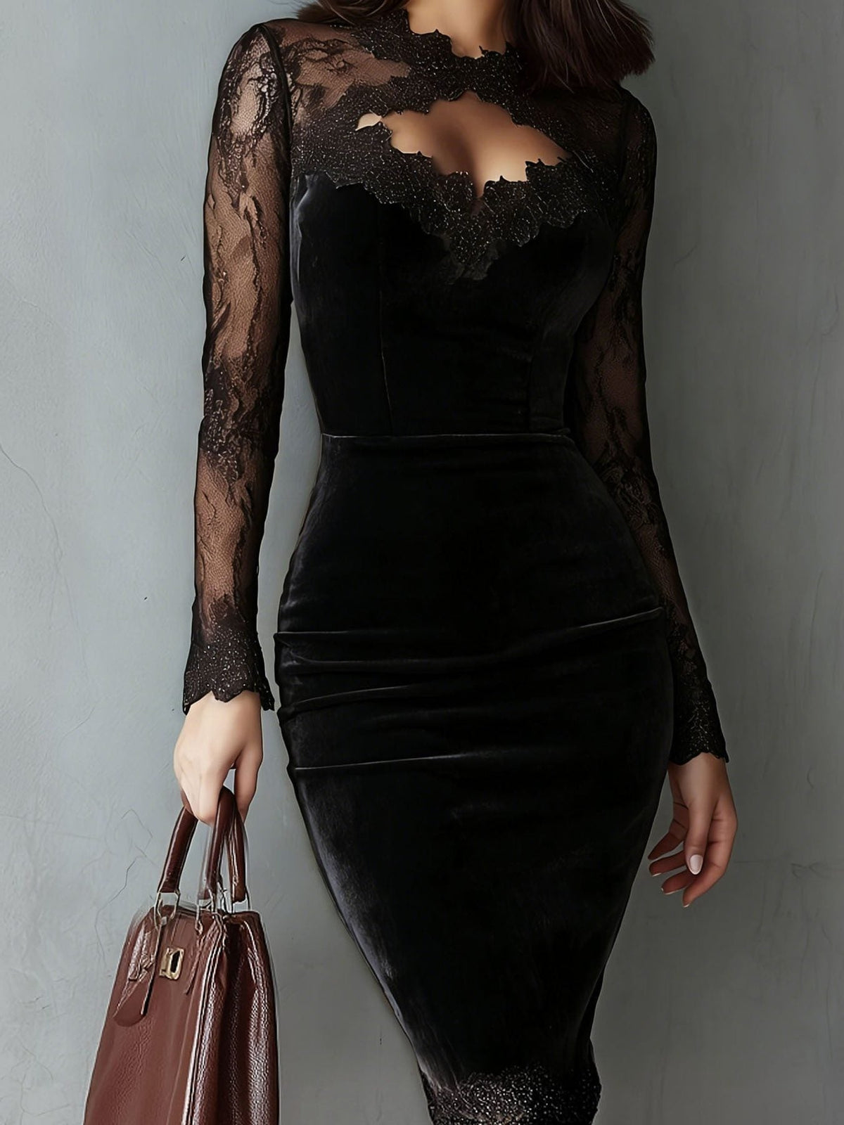 Velvet Midi Dress with Lace Insert Sleeves and Keyhole Neck - Black