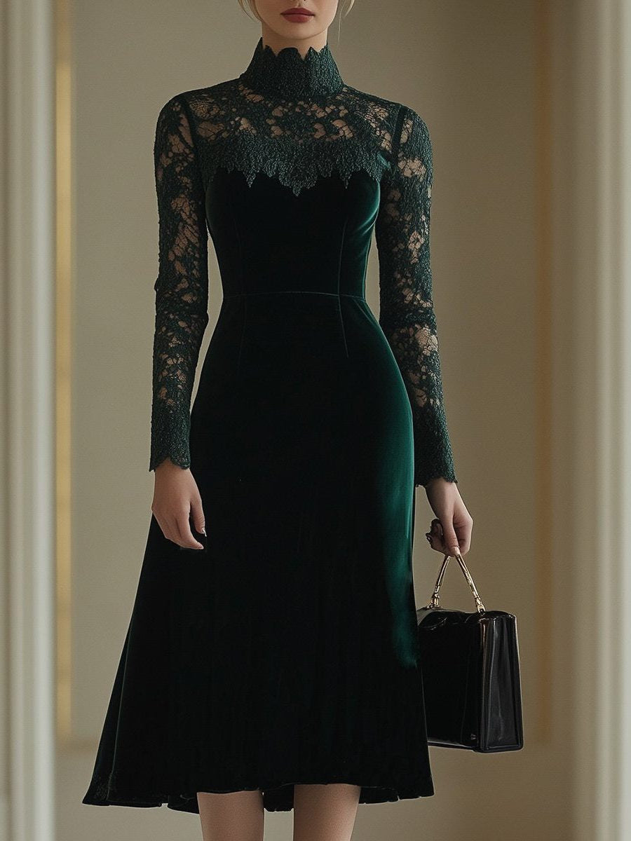 Velvet Midi Dress with Lace Sleeves and Roll Neck - Green