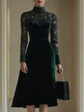 Velvet Midi Dress with Lace Sleeves and Roll Neck - Green