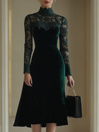 Velvet Midi Dress with Lace Sleeves and Roll Neck - Green