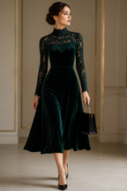 Velvet Midi Dress with Lace Sleeves and Roll Neck