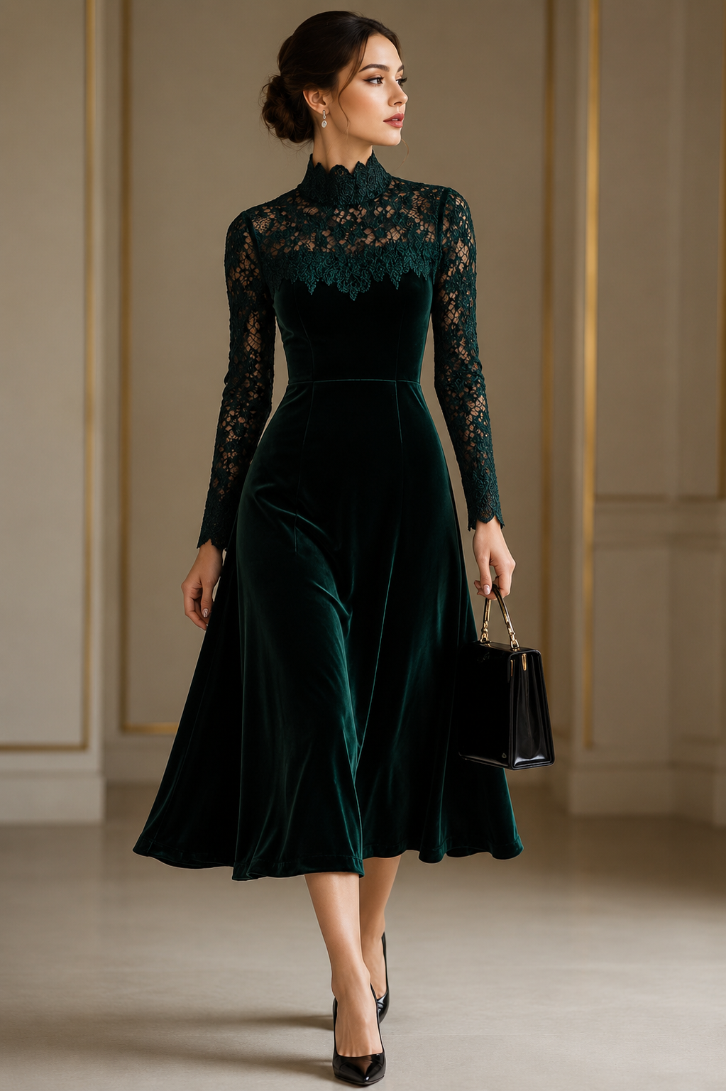 Velvet Midi Dress with Lace Sleeves and Roll Neck
