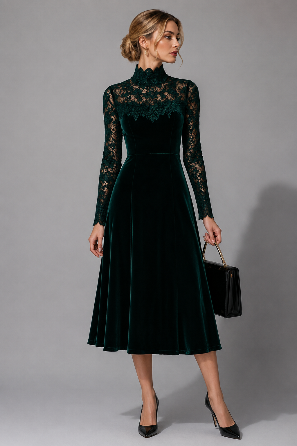Velvet Midi Dress with Lace Sleeves and Roll Neck