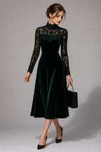 Velvet Midi Dress with Lace Sleeves and Roll Neck