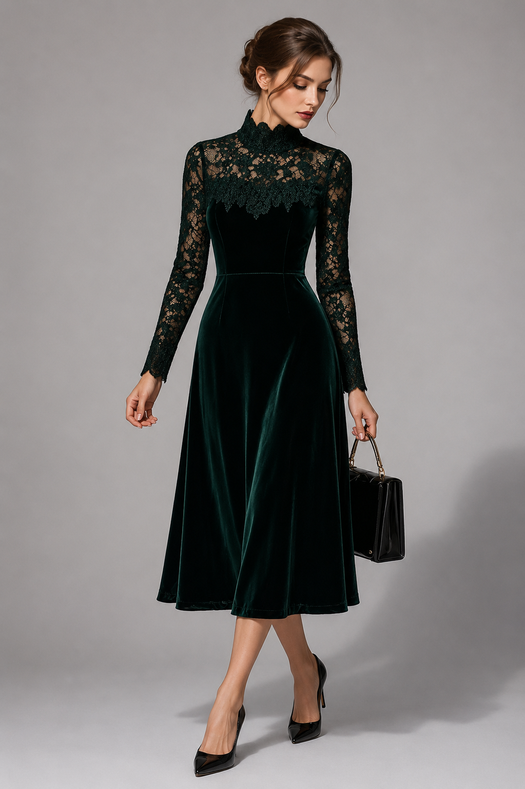 Velvet Midi Dress with Lace Sleeves and Roll Neck