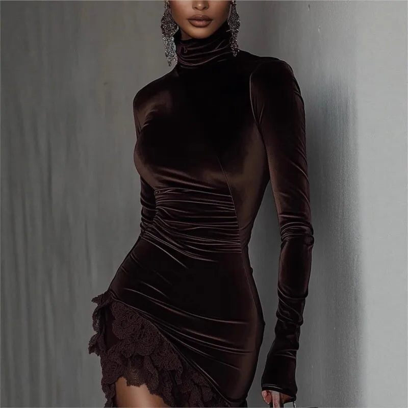 Velvet Ruched Mini Dress with Roll Neck and Lace Hem