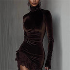 Velvet Ruched Mini Dress with Roll Neck and Lace Hem