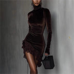 Velvet Ruched Mini Dress with Roll Neck and Lace Hem