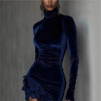 Velvet Ruched Mini Dress with Roll Neck and Lace Hem