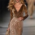 Velvet Wrap Maxi Dress with Sequin Skirt and Long Sleeves