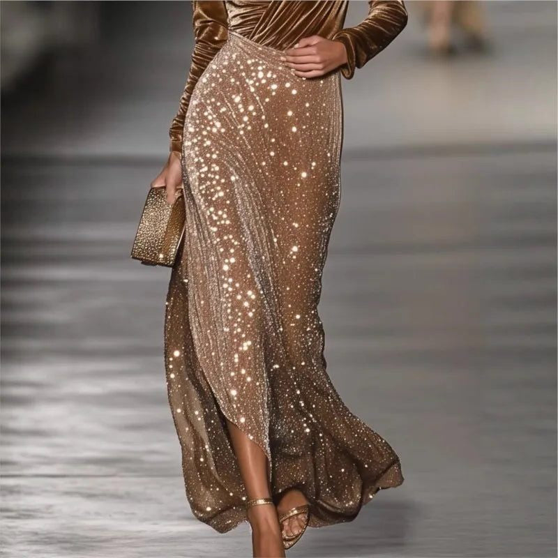 Velvet Wrap Maxi Dress with Sequin Skirt and Long Sleeves