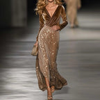 Velvet Wrap Maxi Dress with Sequin Skirt and Long Sleeves - Dark Brown