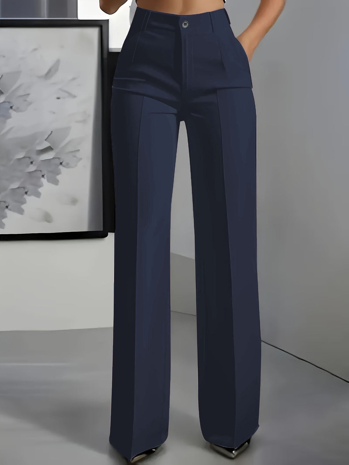 Wide Leg Pants with High Waistband and Structured Fabric - Navy