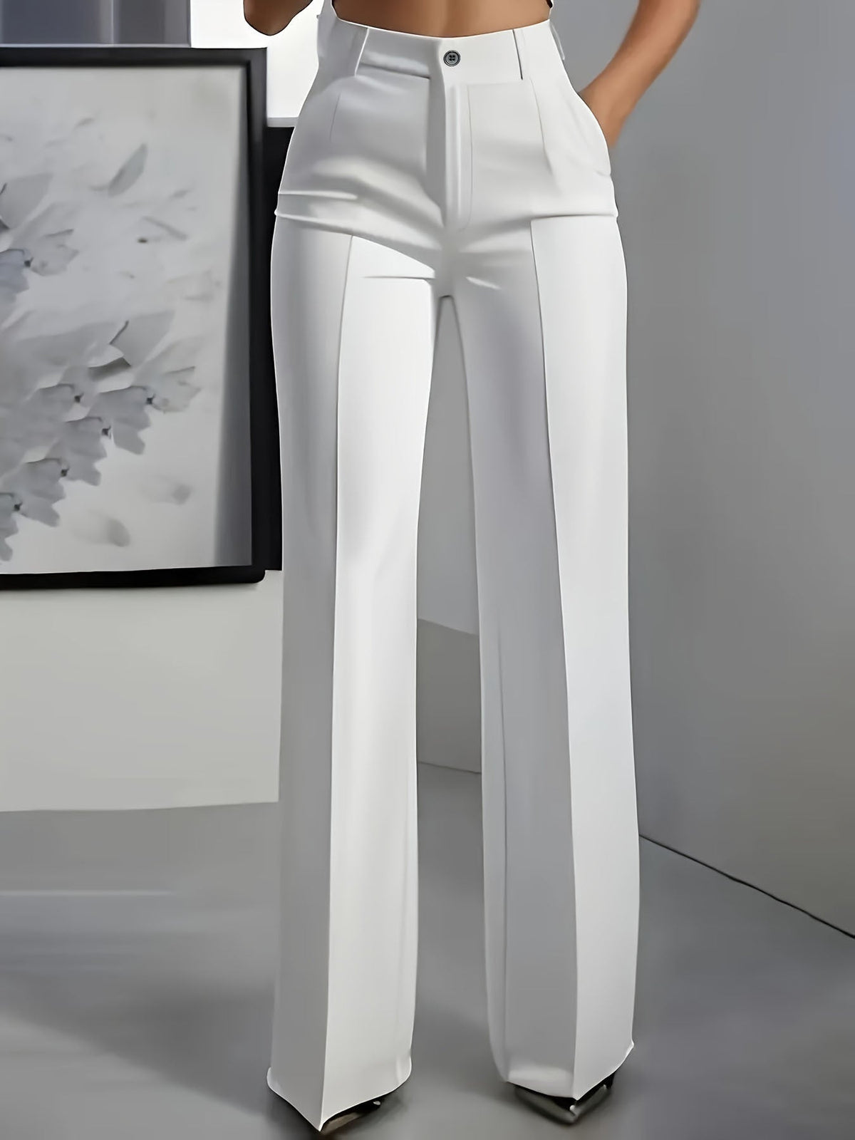 Wide Leg Pants with High Waistband and Structured Fabric - White