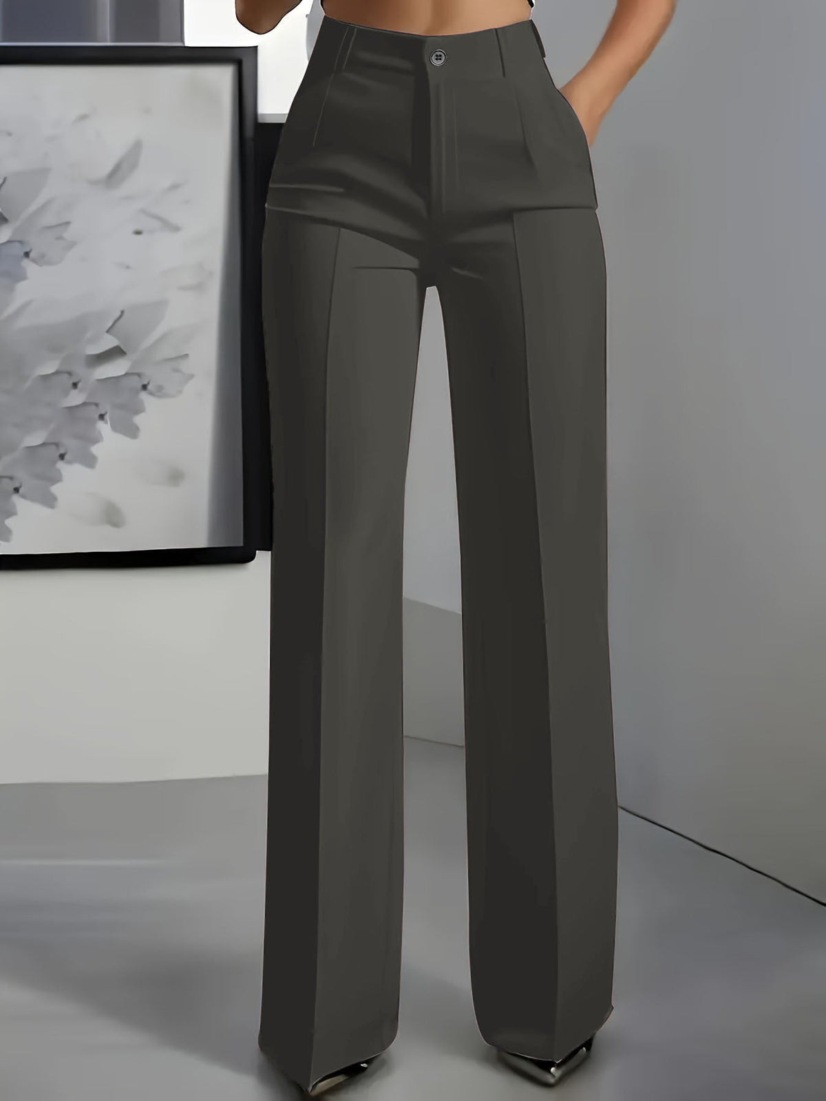 Wide Leg Pants with High Waistband and Structured Fabric - Charcoal