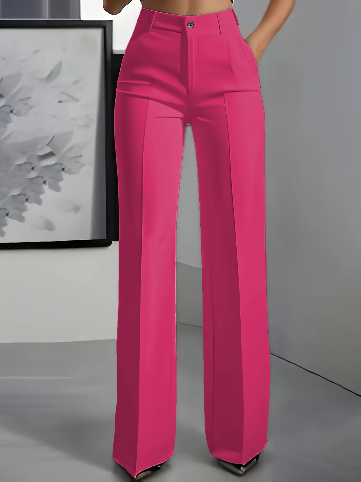 Wide Leg Pants with High Waistband and Structured Fabric - Pink