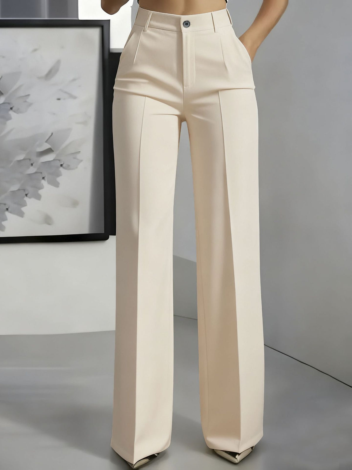 Wide Leg Pants with High Waistband and Structured Fabric - Apricot
