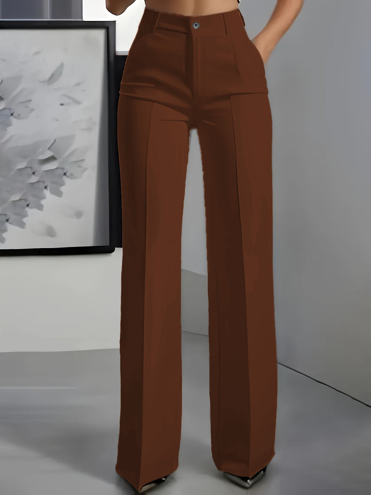 Wide Leg Pants with High Waistband and Structured Fabric - Brown