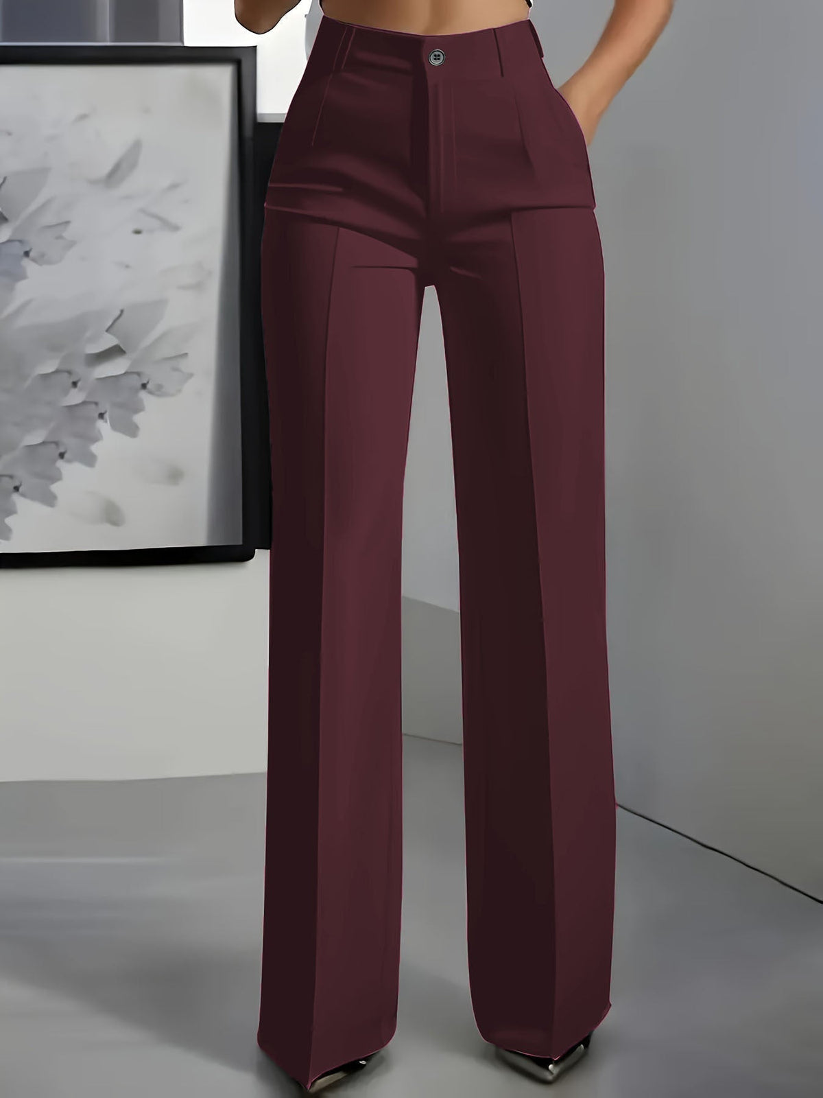 Wide Leg Pants with High Waistband and Structured Fabric - Red